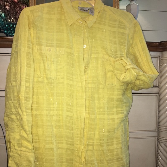 Chico’s yellow sparkle stripe tab-sleeve top - Picture 4 of 5